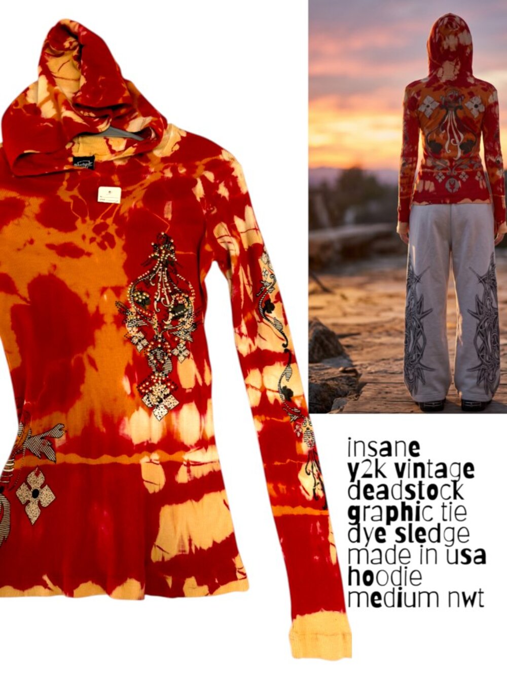 RARE INSANE Y2K GRUNGE DEADSTOCK SLEDGE USA TIE DYE RHINESTONE HOODIE MED. NWT